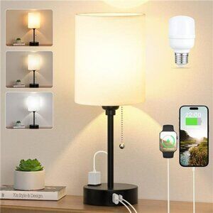Small bedside table lamp with USB ports AC outlet 3 color light for bedroom